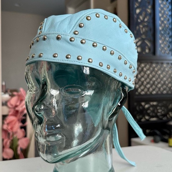 VINTAGE Y2K SEXY BABY BLUE LEATHER CAP BIKER HAT MOTO STYLE/Small - Picture 2 of 8